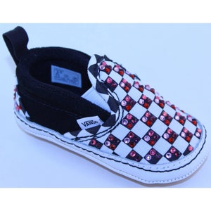 Vans Checkerboard Classic Slip-On Black White Light Pink, Rose, Red Siam, & Dark Purple Glass Crystal Rhinestone Sneakers Baby Size 3 NEW