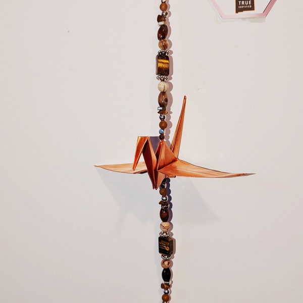 Pure Copper Origami, single crane, mobile, indoor, unique origami, Tiger-eye beads for Summer and all year enjoyment