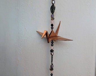 A Pure Copper Origami single crane hanging made for indoor. A one-of-a-kind unique handmade piece.