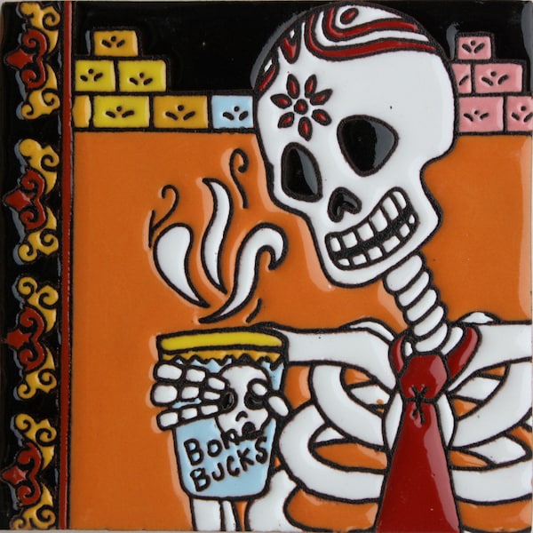 Coffee Time Day of the Dead Mexican Talavera Tile