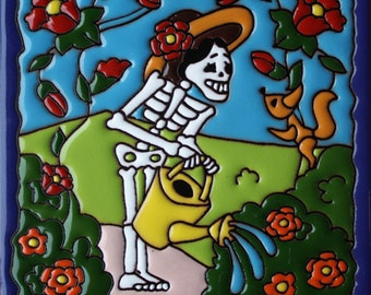 Gardening Day of the Dead Mexican Talavera Tile