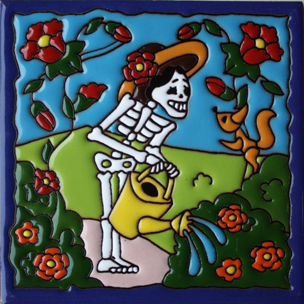 Gardening Day of the Dead Mexican Talavera Tile