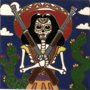 Riflewoman Day Of The Dead Clay Tile