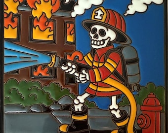 Firefighter Day of the Dead Mexican Talavera Tile