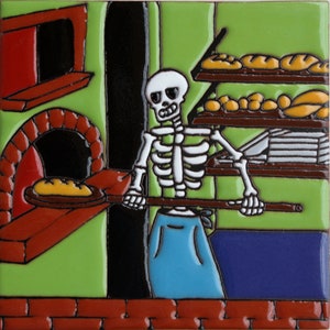 May include: A skeleton baker wearing a blue apron uses a wooden paddle to remove a loaf of bread from a brick oven. The oven is red and has a small window above it. The baker is standing in front of a shelf filled with loaves of bread.