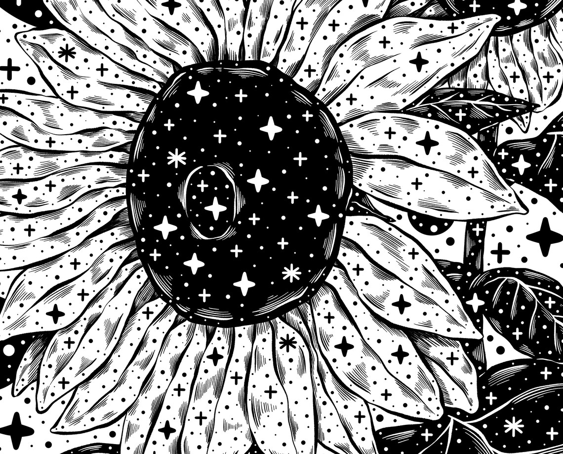 Monochrome Sunflower Poster, Printable Sunflower Wall Art, Black and