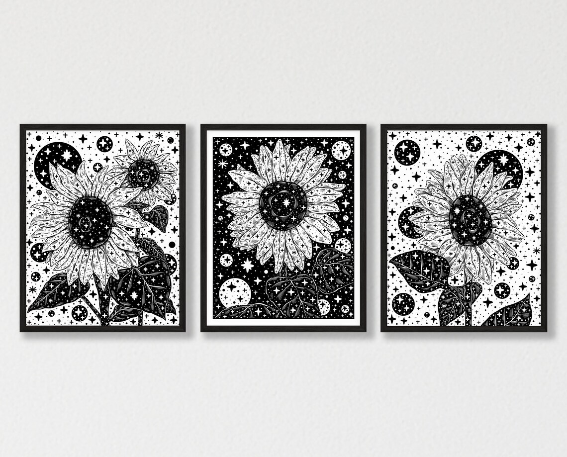 Set of 3 Sunflower Printable Wall Art Monochrome Sunflower | Etsy