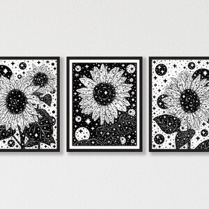 Set of 3 Sunflower Printable Wall Art Monochrome Sunflower - Etsy