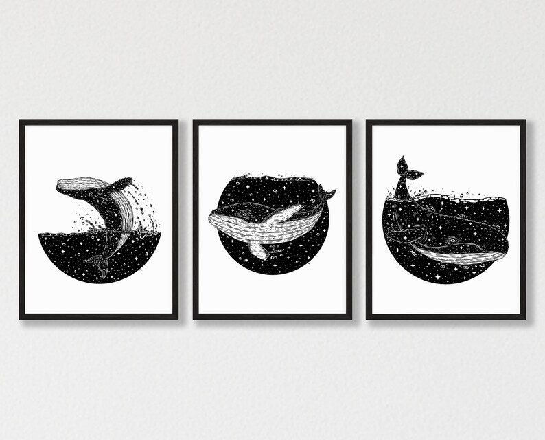 Set of 3 Black and White Humpback Whale Wall Art Bathroom Etsy