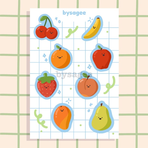 fruit faces sticker sheet/cute/apple/banana/orange/strawberry/peach/mango/pear/sticker deco/journaling/scrapbooking/laptop sticker