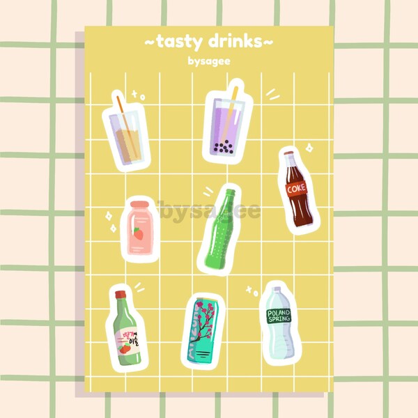 tasty drinks sticker sheet/boba/coffee/soda/soju/tea/water/strawberry milk/cute/sticker deco/journaling/scrapbooking