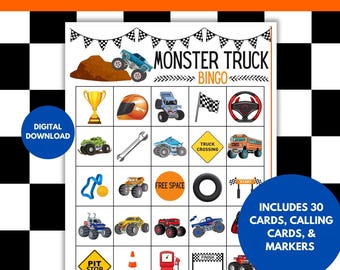 Juego de bingo de Monster Truck para fiestas de cumpleaños, juego de bingo imprimible para el aula, actividades de Monster Truck para niños, tarjetas de juego de bingo para fiestas infantiles