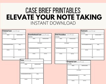 Law School Case Brief Printables, 1L Law School Class Notes Digital Download, Case Briefing Law School First Year Classes Printable