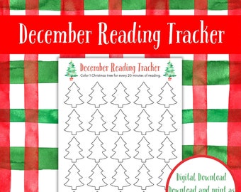 Registro de lectura imprimible de diciembre, registro de lectura navideña para niños, desafío de lectura navideña, tabla de lectura para colorear, descarga digital