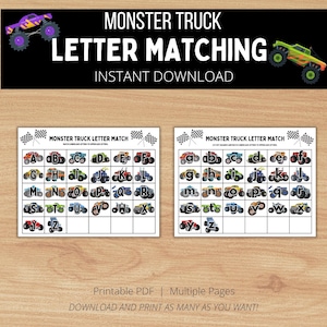 Monstertruck Buchstaben-Matching-Spiel, Vorschule Monstertruck druckbar, Monstertruck Aktivität, Alphabet Monstertruck, ABC-Zuordnung