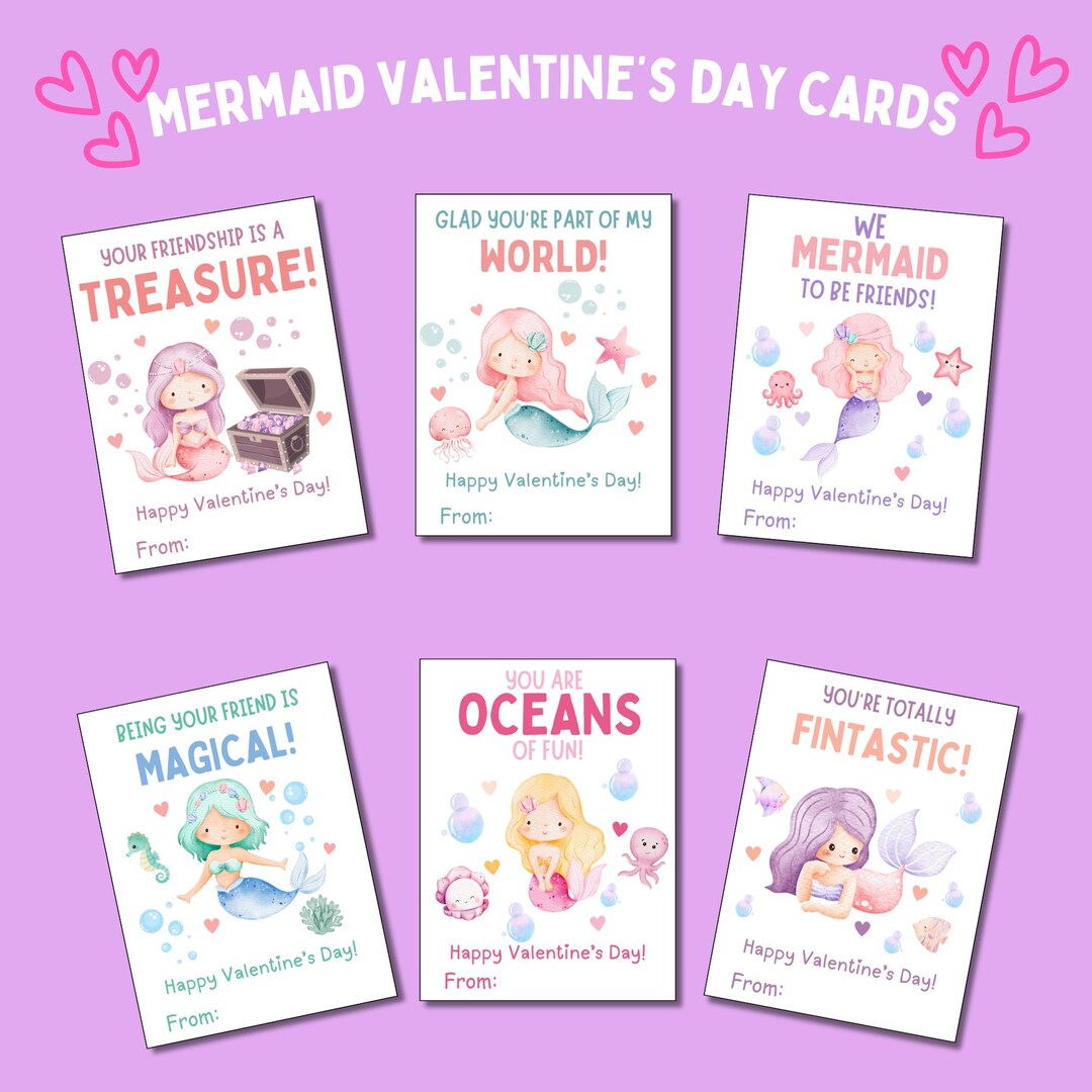 Mermaid Valentine Cards for Kids Printable Mermaid Classroom Valentines ...