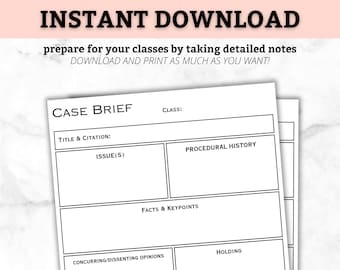 Law School Case Brief Printable, Case Brief Notes Template, 1L PDF Instant Download