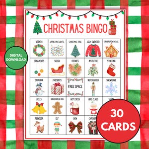 30 cartes de bingo de Noël, jeu de bingo de Noël, activité amusante de fête de Noël pour les enfants, activité de Noël en classe, jeu de Noël en famille