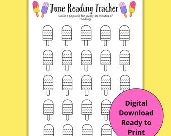 June Reading Tracker Printable | Kids Summer Reading Log | Summer Theme Reading Chart | Digital Download Reading Challenge for Kids Activity