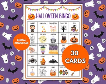 Halloween Bingo, 30 Halloween Bingo Cards, Halloween Games, Kids Halloween Party Game, Halloween Classroom Activity, Fun Halloween Activity