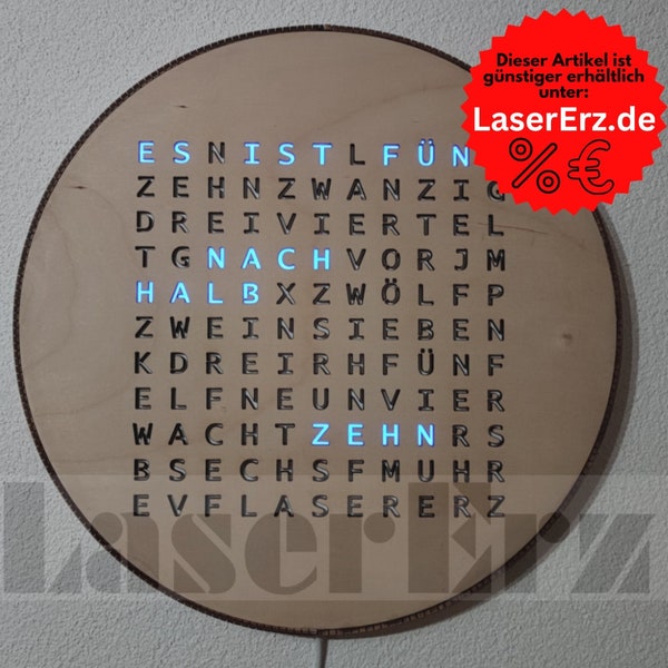 Wort-Uhr "smart" mehr farbige LEDs mit WiFi / Wordclock (Holz hell)