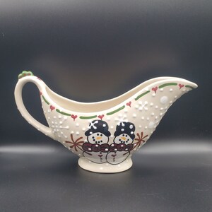 Vintage Expressly Yours Snowman Christmas Gravy Sauce Boat 13&quot; Holiday Pitcher Snowflakes Hearts X-large Container Serving Dish