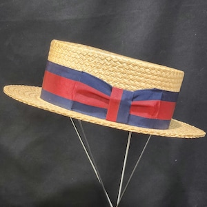 Vintage Genuine Wormser Straw Boater Skimmer Hat Blue Red Band Retro Halloween Costume Theatre Quartet Gadsby Custom Made USA