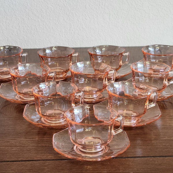 Antique Cambridge Pink Depression Glass Decagon Cup & Saucer Set Optic Panel Design Tea Coffee Collectable