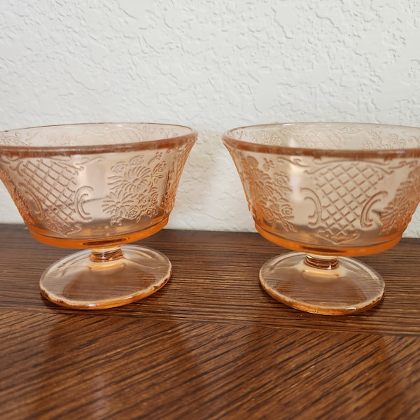 Vintage Federal Depression Glass Bowls Normandie Pink Bouquet and Lattice Footed Champagne Sherbet Cup Dessert 1930s Collectable Set of 2