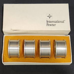 Vintage Set of 4 International Pewter Napkin Rings Band Original Box USA