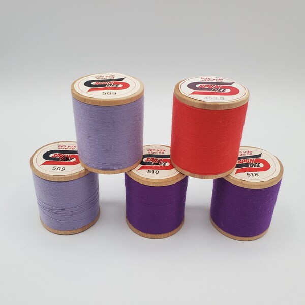 Vintage Spun Dee Thread on Wooden Spools Hand Sewing Machine Purple Red/Orange Size 50 #509, #518, #453.5