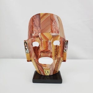 Vintage Mayan Mosaic Semi Precious Stone Burial Mask Mexican Folk Art Figurine Collectible Decor Red Jasper Abalone Face Handmade  8.5&quot; Tall