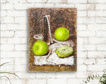 Apple still life Small oil painting Fruit Still life Original artwork Nature wall art Apple painting Moody Vintage style art Ukraine sellers