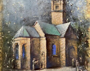 Moody Church Painting Original Oil Art, Old Town Scene Dark Academia Decor European Street Scene Wall Art