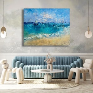 Ocean Print on demand Mediterranean art Original painting Sea Beach Sailboat Coastal Blue wave wall art Costa brava Best Spain travel poster