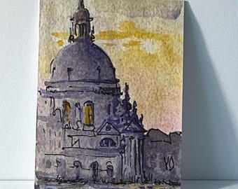 Venice Canal Miniature Watercolor Painting, Italian Landscape Small Original Art, Colorful Europe Scene