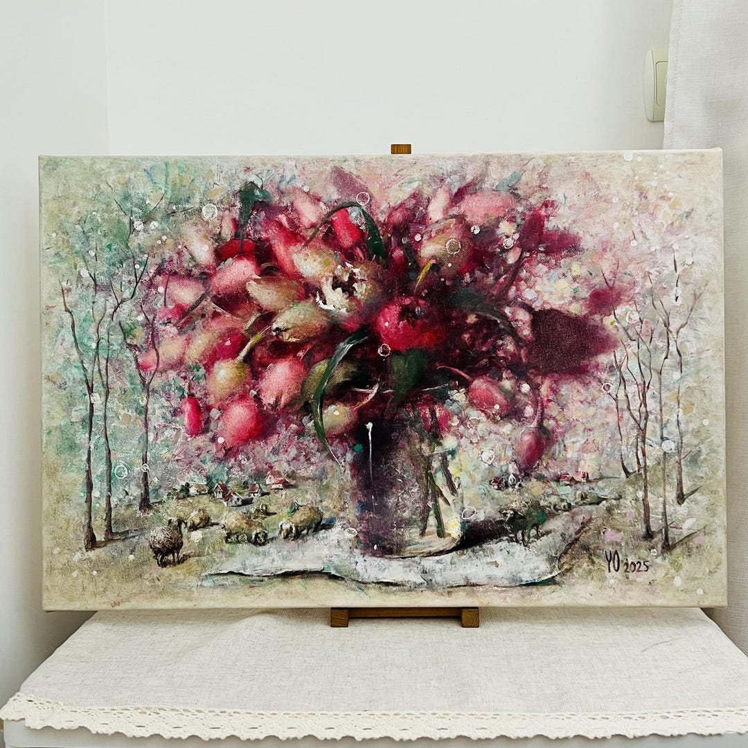 Tulip Painting Original Blush Bouquet Large Vase Still Life Floral Wall ...