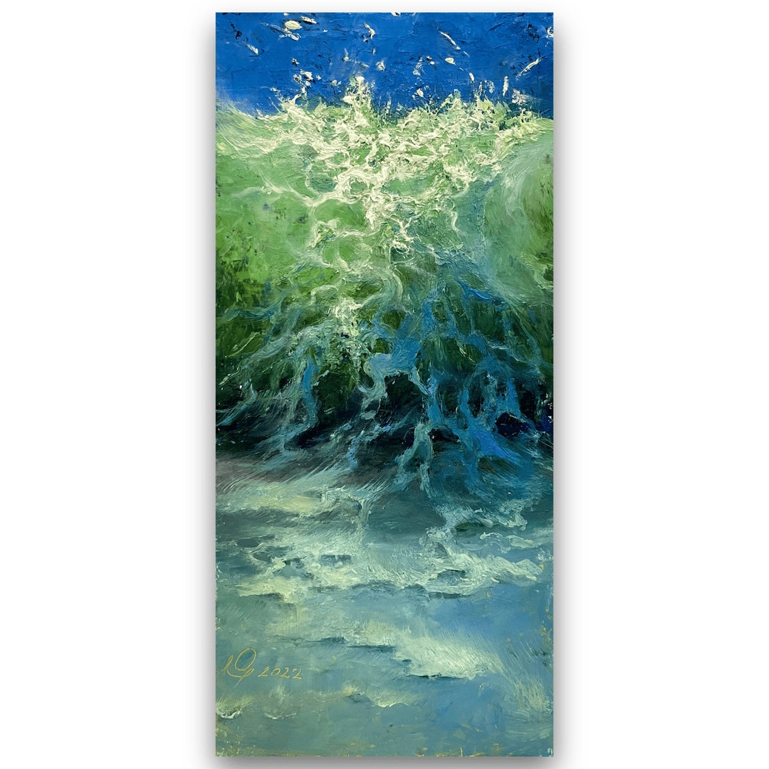 Wave Painting Small Oil Painting, Long Narrow Wall Art, Tall Vertical