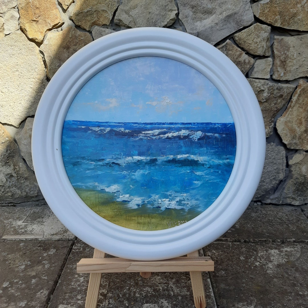 Framed Round Oil Painting Original Beach House Decor Small Etsy