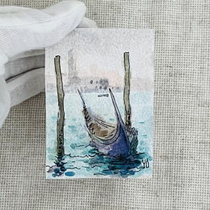 Watercolor ACEO painting turquoise Boat Seascape wall art Venice Italy ACEO original art Miniature Card Tiny Home gifts