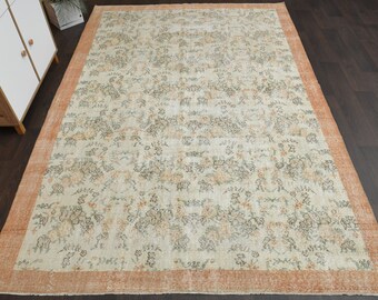 Tapete vintage 7x10, tapete turco, tapete Oushak, tapete tecido à mão, decoração de casa de campo, tapete de lã da Anatólia, tapete 7x10, tapete floral, tapete de área, 7,0x10,2 pés