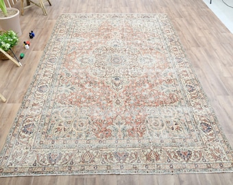7x10 Red Faded Antique Rug, Handwoven Distressed Rug, Oushak Rug, Turkish Rug, Low Pile, Vintage Rug, Area rug, Wool rug, Floral, Oriental