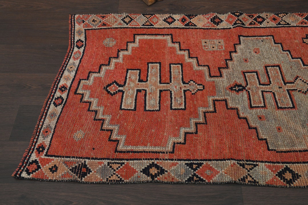 3x11 Handmade Turkish Rug Red Gray Vintage Rug Hallway Rug Oushak 3x11-handmade-turkish-rug-red-gray-vintage-rug-hallway-rug-oushak