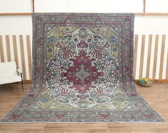 8 x 11 ft handgemachter türkischer Vintage Teppich, Teppich im persischen Stil, Übergroßer Teppich, Oushak Teppich, Wohnzimmerteppich, Beige Teppich, Handgemachter Wollteppich
