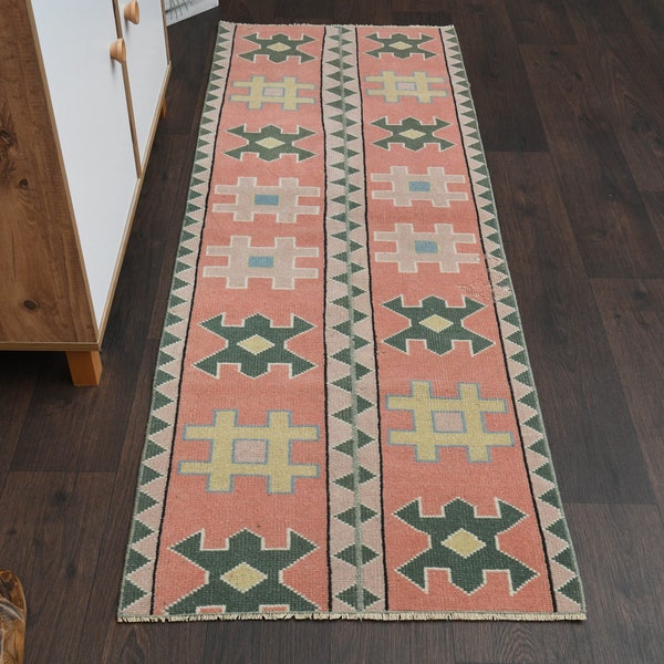 2.2x6 Ft Turkish rug, Handmade vintage rug, Oushak rug, Pink green rug, Home decor, Hallway rug, Kitchen rug, 2x6 Runner rug, Shabby chic