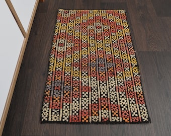 1.3x2.1 Ft Handmade Turkish small rug, Bath mat, Bathroom rug, Kitchen throw carpet, Wool Door mat, Vintage rug, Kids room rug, Bedside rug
