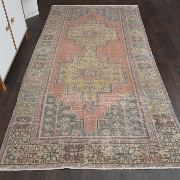 4x8 Orange Yellow Vintage Rug, Turkish rug, Oushak rug, Area rug, Antique rug, Living room rug, Home decor, 4x8 Rug, Bedroom rug, 4.3x8.2 Ft