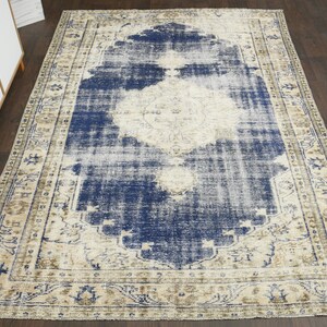 6x9 Distressed bige blue Turkish Vintage rug, Handmade beige blue rug, Oushak rug, Wool rug, Natural rug, Living room rug, 6x9 Area rug