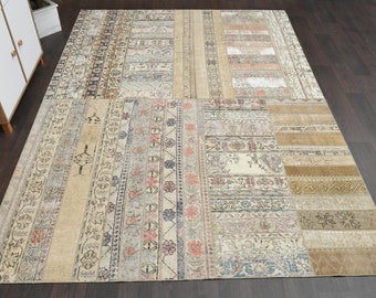 7.4x10.3 Ft Patchwork handwoven rug, Vintage Turkish rug, Oushak rug, Antique wool rug, 7x10 Area rug, Living room rug, Interior designer