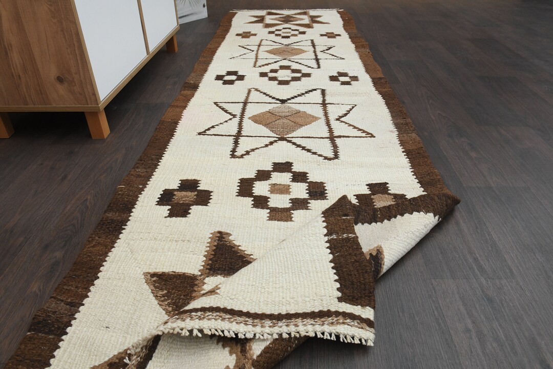 3x9 White Brown Vintage Rug, Handmade Turkish Rug, Wool Rug, Oushak Rug ...